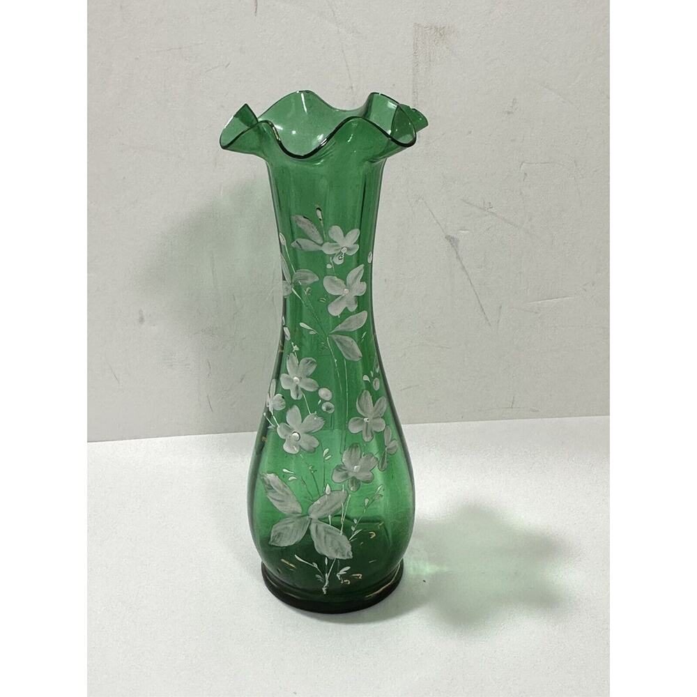 Antique Hand Blown Emerald Glass Vase Moser? Painted Enamel‎ Ruffled Edge 9.5”